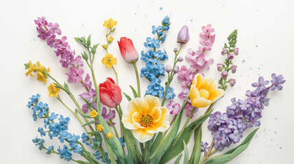 A bouquet of spring flowers painted in a vibrant watercolor style, with visible brush strokes and water bleed, on textured cotton paper, flat lay, artistic.
