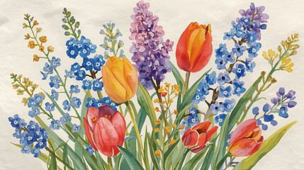 A bouquet of spring flowers painted in a vibrant watercolor style, with visible brush strokes and water bleed, on textured cotton paper, flat lay, artistic.