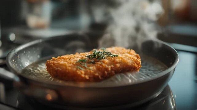 Close-up view of a breaded pork cutlet frying in a hot pan, releasing steam and sizzling in oil on a modern stovetop