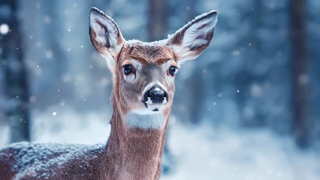 Young deer portrait in snowy forest during winter. Wild animal and nature background for seasonal wildlife concept.