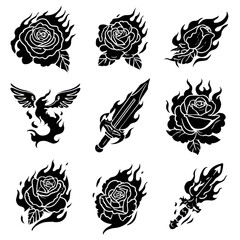 Set of 9 black flaming rose and eagle tattoo silhouettes isolated PNG with Transparent Background