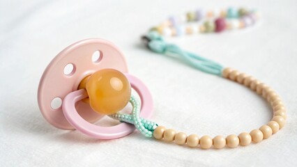 A soft pink baby pacifier with a natural amber nipple and a pastel beaded chain, isolated on white background
