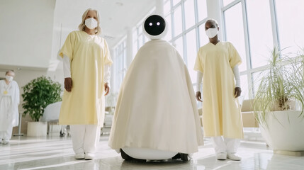 Hospital corridor where an autonomous white robot with a cloak like casing is escorted by staff in yellow protective gowns a scene of technological assistance in a clinic