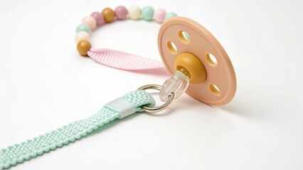 Closeup of a baby pacifier with a peachcolored shield and a natural amber nipple, attached to a mint green and pink beaded chain, isolated on white background