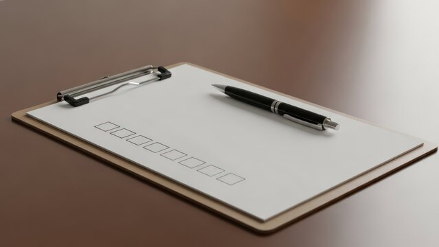 A clipboard with paper & check boxes, a pen rests, on a wooden surface