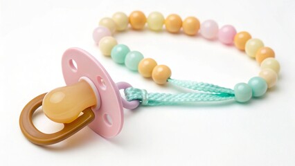 A pastel colored pacifier with a beaded clip, isolated on white background