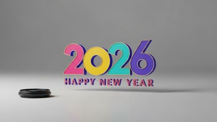 A colorful 3D "2026 Happy New Year" graphic with a puck, on a gradient gray background