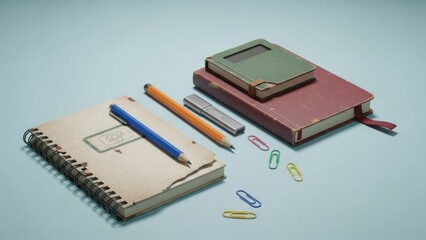 A collection of notebooks, pens, and paperclips arranged on a light blue surface