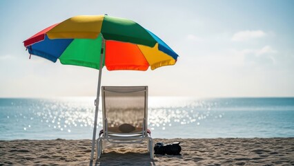 A colorful beach umbrella shades a chair facing a sparkling ocean on a sunny day