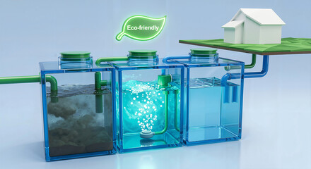 Residential wastewater treatment plant with three-stage purification process. Sustainable sewage system for eco-friendly modern house and clean environment protection.
