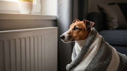 A cozy dog, wrapped in a blanket, gazes thoughtfully near a window