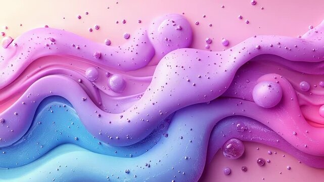 Pastel pink, purple, and blue fluid waves flowing across the frame, featuring small glossy bubbles and tiny textured particles, creating a soft abstract texture
