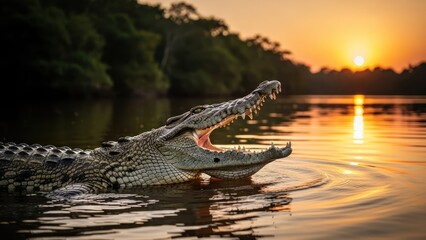 A crocodile with an open mouth basks in a golden sunset river