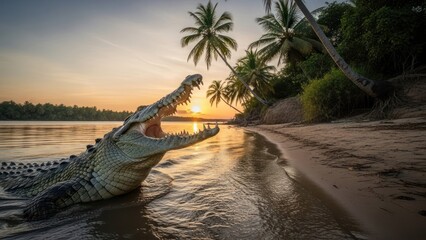 A crocodile roars as the sun sets over a beach, palms sway
