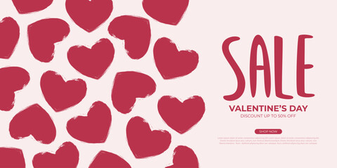 Valentine's Day Sale commercial banner for February 14 holiday shopping promotion. Hand lettering and red colored brush stroke hearts. Vector illustration.