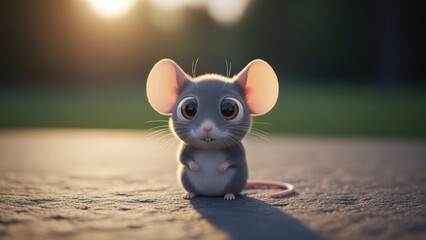A cute, cartoonish mouse with large eyes gazes at the viewer, set outdoors at dusk