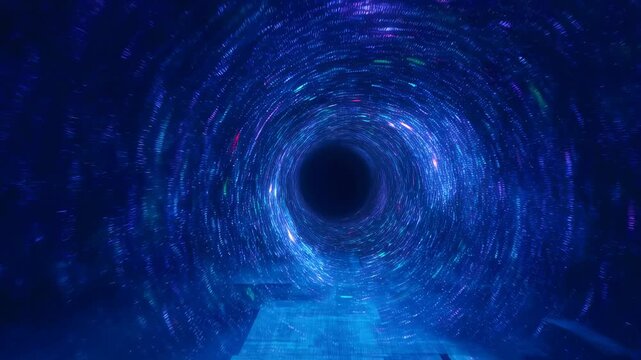 Abstract digital vortex tunnel with swirling lights and patterns. Represents the concept of time travel, technology, and digital exploration