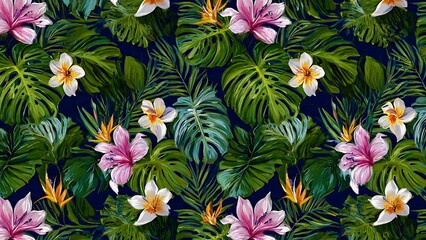 Vibrant Tropical Wallpaper Seamless Pattern with Exotic Flowers and Foliage