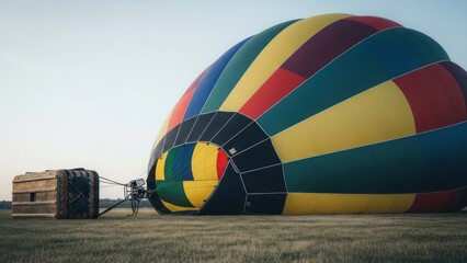 A deflated, colorful hot air balloon rests on a grassy field, attached to a wicker basket