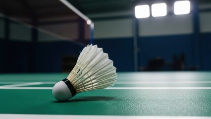 A detailed close-up of a badminton shuttlecock resting on a green court with net & lights
