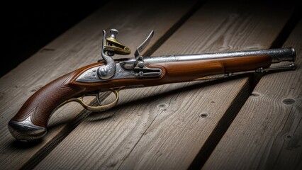 A detailed, close-up shot of a historic pistol resting on a weathered wooden surface