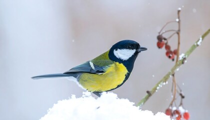 Fototapeta premium Colorful bird perched on snowy branch with red berries against a blurred white, wintry background