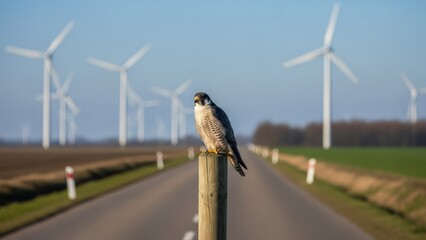 A falcon perches on a post, road stretches towards wind turbines in rural landscape