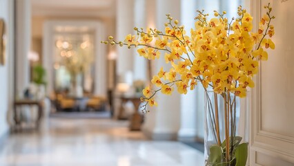 Elegant Yellow Floral Arrangement in Hotel Lobby with Chic D&eacute;cor