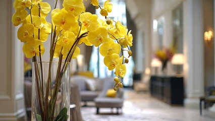 Elegant Floral Arrangement in Hotel Lobby with Vibrant Yellow Orchids