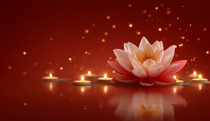 3d illustration of a lotus flower glowing with soft light, surrounded by floating candles 