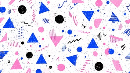 Colorful Memphis Design Pattern with Scattered Geometric Shapes in Bright Tones