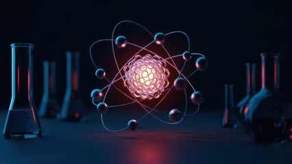 A glowing atom model surrounded by lab flasks with a dark backdrop and neon lighting