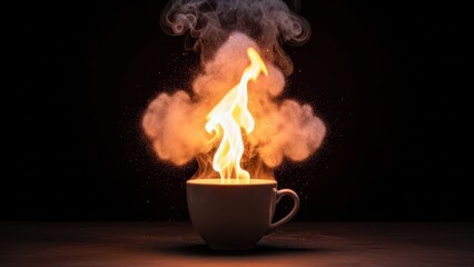 A glowing cup of coffee ablaze with flame and rising steam against a dark backdrop