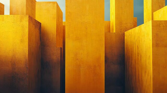 Abstract blocky yellow geometric forms creating a minimalist urban landscape or city skyline against a clear sky, representing architecture, growth, and vibrant design