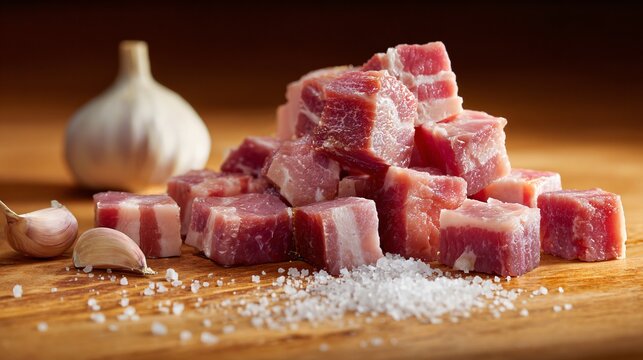 Pancetta cubes piled organically on light oak surface, garlic cloves and coarse salt scattered, side-angle editorial lighting