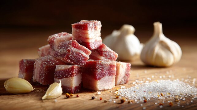 Pancetta cubes piled organically on light oak surface, garlic cloves and coarse salt scattered, side-angle editorial lighting