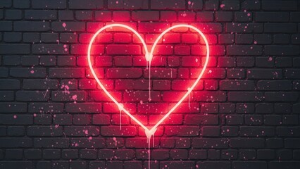 A glowing neon heart outline drips on a dark brick wall, with painted splatters