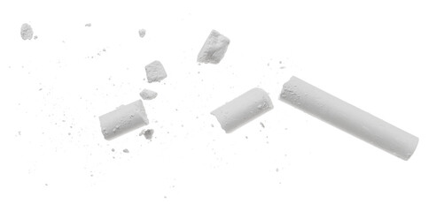 Broken chalk with pieces flying, isolated on white background, clipping path, design,
