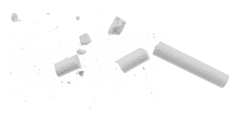 Broken chalk with pieces flying, isolated on white background, clipping path, design,