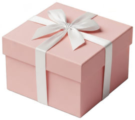 Beautiful closed square pastel pink gift box secured with large white satin ribbon and bow symbolizing anticipation and special celebration