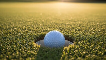 A golf ball rests in the hole, viewed from low angle, sunlight glowing from above