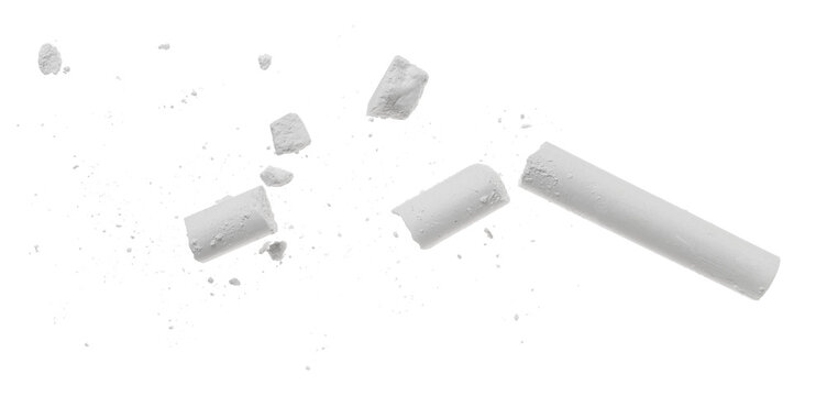 Broken chalk with pieces flying, isolated on white background, clipping path, design,