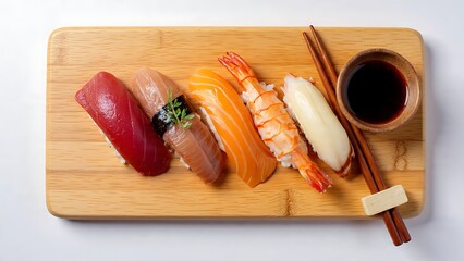Premium Sushi Selection on Wooden Board with Soy Sauce and Chopsticks