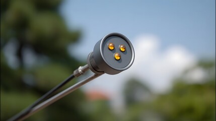 Close up of a scientific instrument probe with three glowing amber indicator lights against a blurred natural background