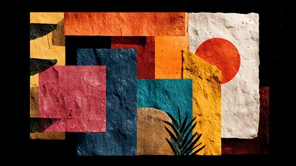Digital Collage of Primitive Shapes with Bold Colors and Textured Background