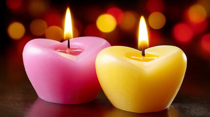 Pink and yellow heart shaped candles burning with warm bokeh lights behind. Romantic celebration concept for Valentine, anniversary or wedding, cozy evening atmosphere.