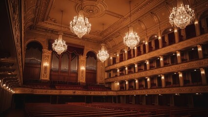 A grand, ornate opera house interior, showcasing chandeliers, balconies, and an organ