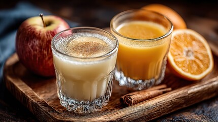 July mobile wallpaper: twin juices + fruit wood natural light, 4K AMOLED-friendly, summer fresh vibe