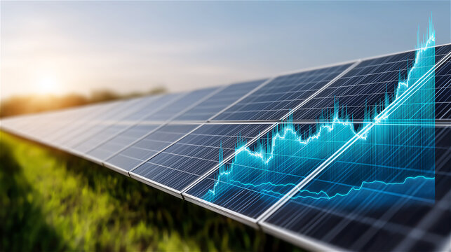 Solar panels in sunlight with rising chart overlay, symbolizing renewable energy investment and sustainable growth. Clean technology finance concept for future power and ESG. - Powered by Adobe