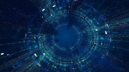 Futuristic digital tunnel with glowing data streams and vibrant blue hues. Represents the concept of advanced technology and data visualization - Powered by Adobe